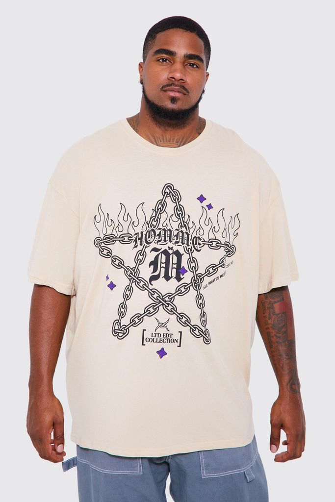 Men's Plus Oversized Chain Detail Star Print T-Shirt - Beige - Xxxl, Beige