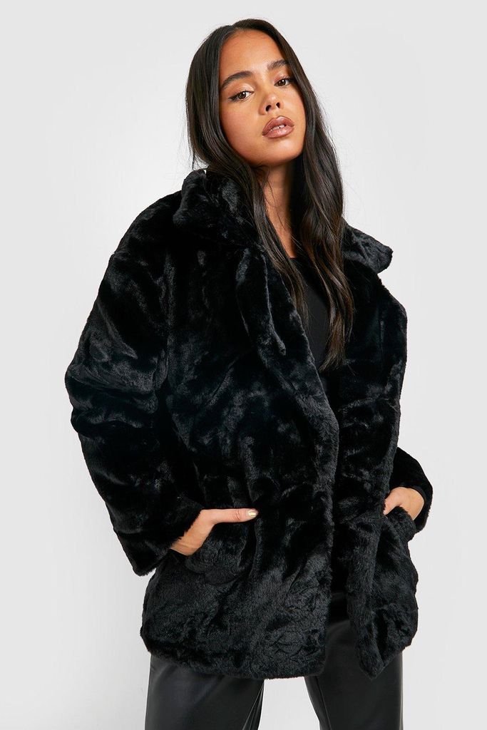 Womens Petite Oversized Collar Luxe Faux Fur Coat - Black - 12, Black