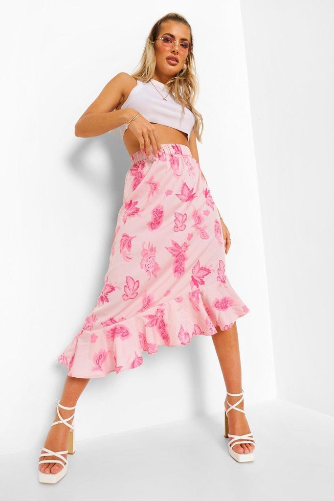 Womens Paisley Floral Ruffle Hem Midi Skirt - Pink - 6, Pink