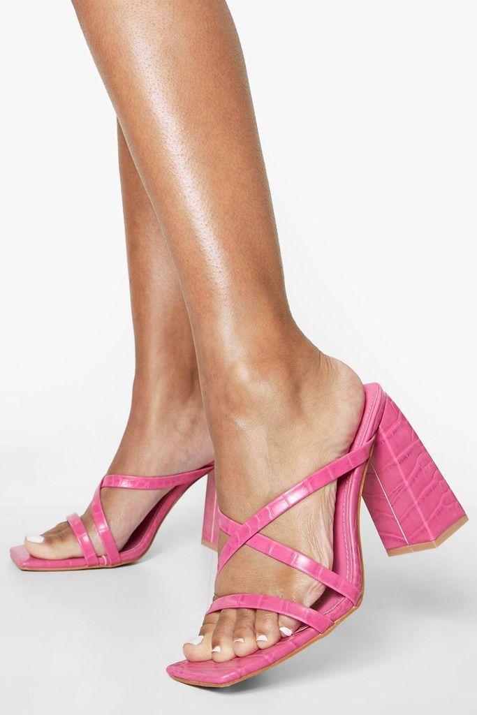 Womens Croc Strappy Square Toe Block Heel Mule - Pink - 3, Pink