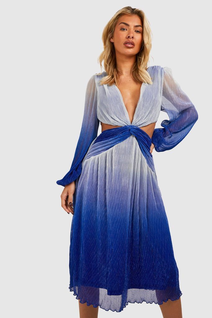 Womens Metallic Cut Out Plunge Midi Dress - Blue - 8, Blue