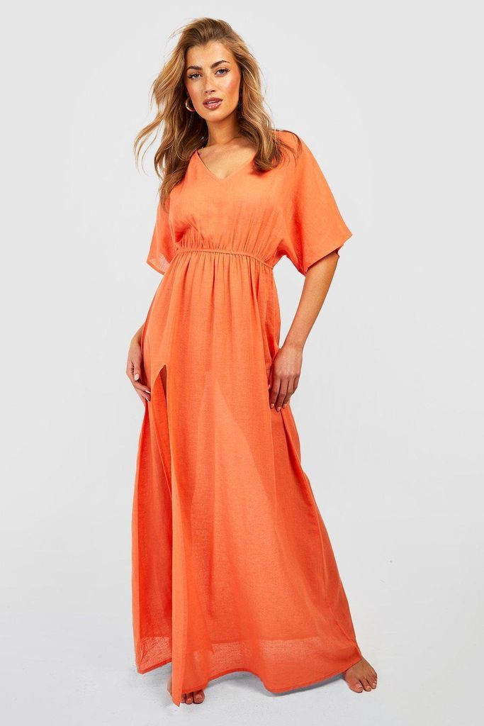Womens Linen Look Tie Waist Maxi Beach Kaftan Dress - Orange - S, Orange