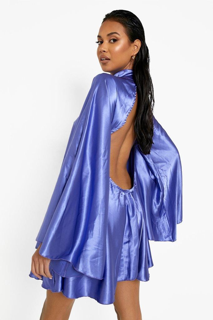 Womens Satin Extreme Flared Sleeve Mini Party Dress - Blue - 8, Blue