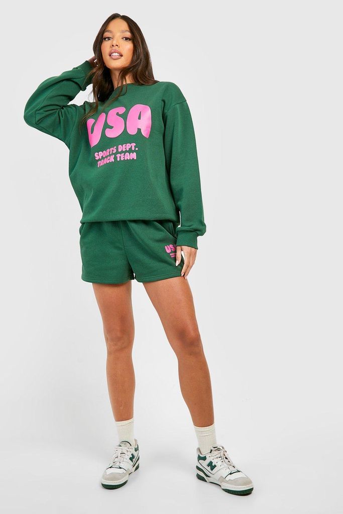 Womens Usa Slogan Jumper Short Tracksuit - Green - S, Green