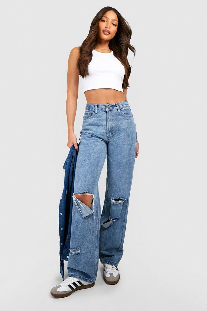 Womens Tall Ripped Knee Mid Rise Baggy Boyfriend Jeans - White - 8, White