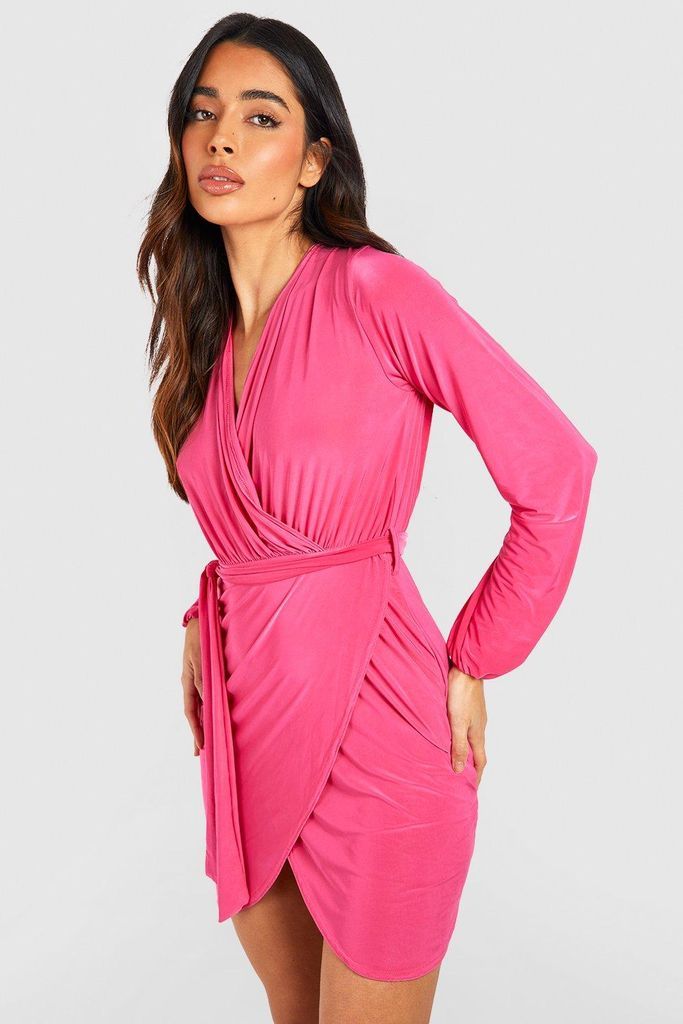 Womens Slinky Belted Wrap Mini Dress - Pink - 8, Pink
