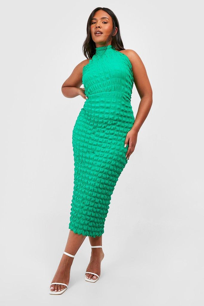 Womens Plus Bubble Textured Halterneck Midaxi Dress - Green - 28, Green