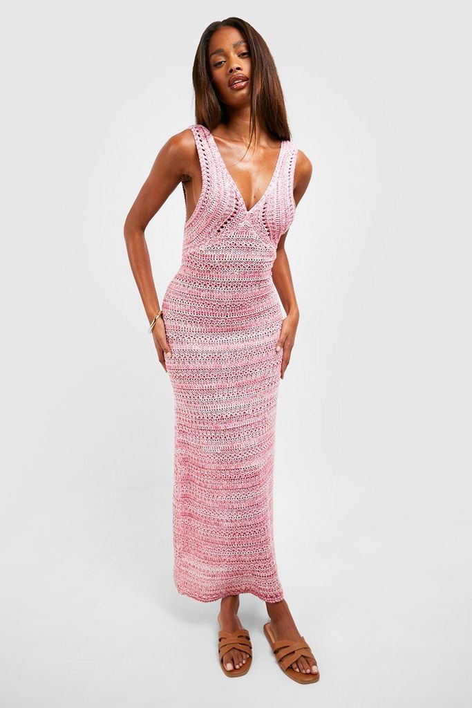 Womens Premium Ombre Marl Knit Crochet Maxi Dress - Pink - L, Pink