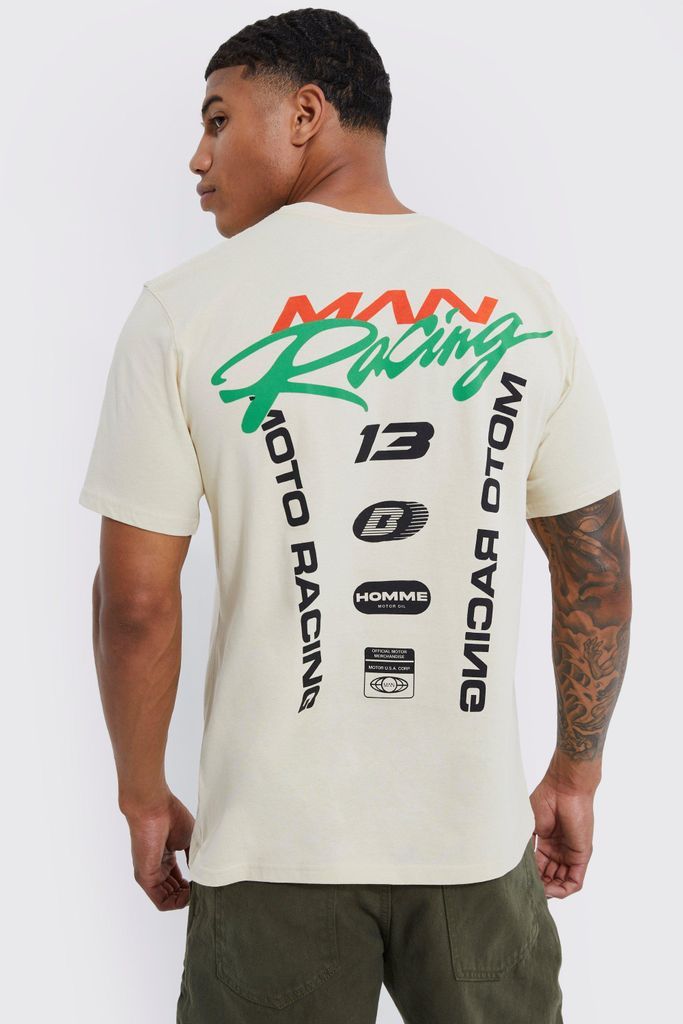 Men's Moto Racing Back Graphic T-Shirt - Beige - S, Beige