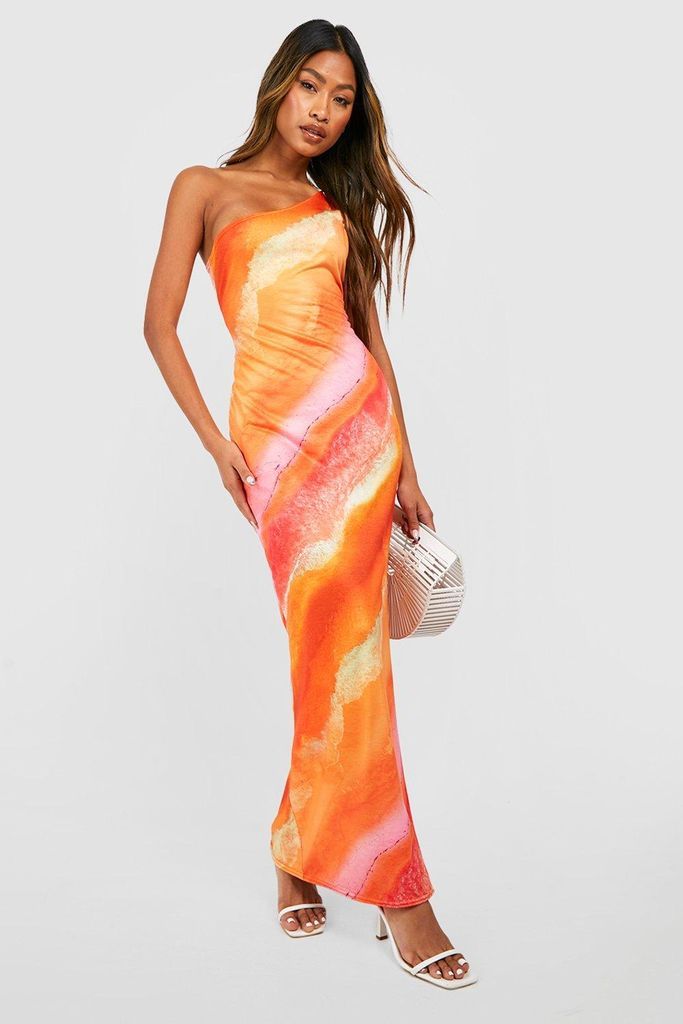 Womens Abstract Print Asymmetric Maxi Dress - Orange - 12, Orange