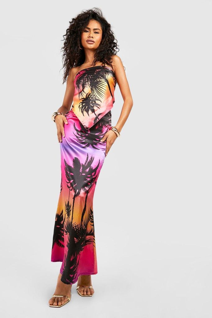 Womens Palm Print Satin Slip Maxi Skirt - Purple - 6, Purple