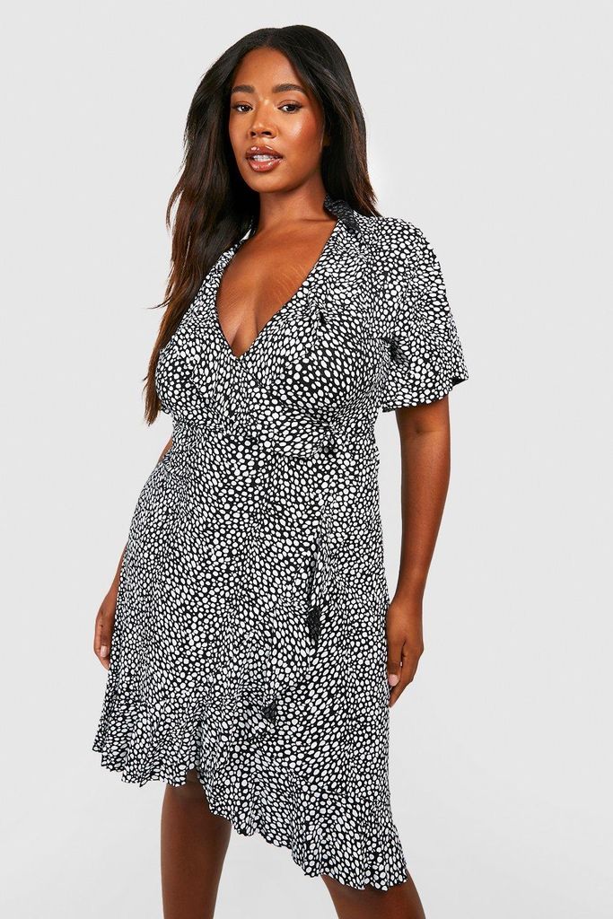 Womens Plus Dalmatian Print Ruffle Tea Dress - Black - 16, Black