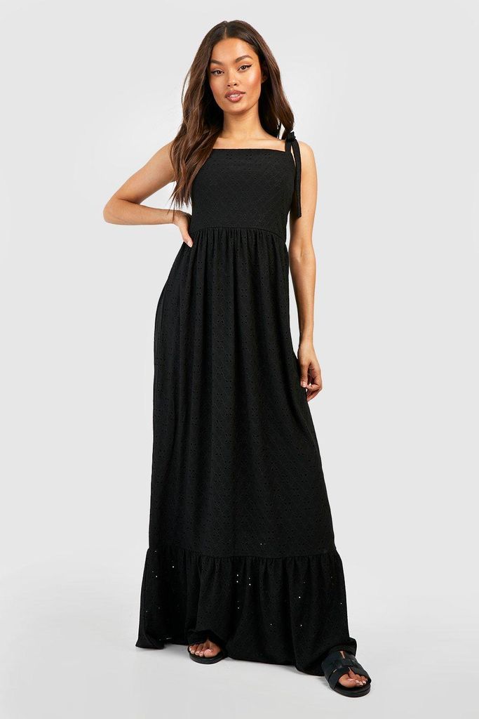 Womens Soft Broderie Strappy Maxi Dress - Black - 8, Black