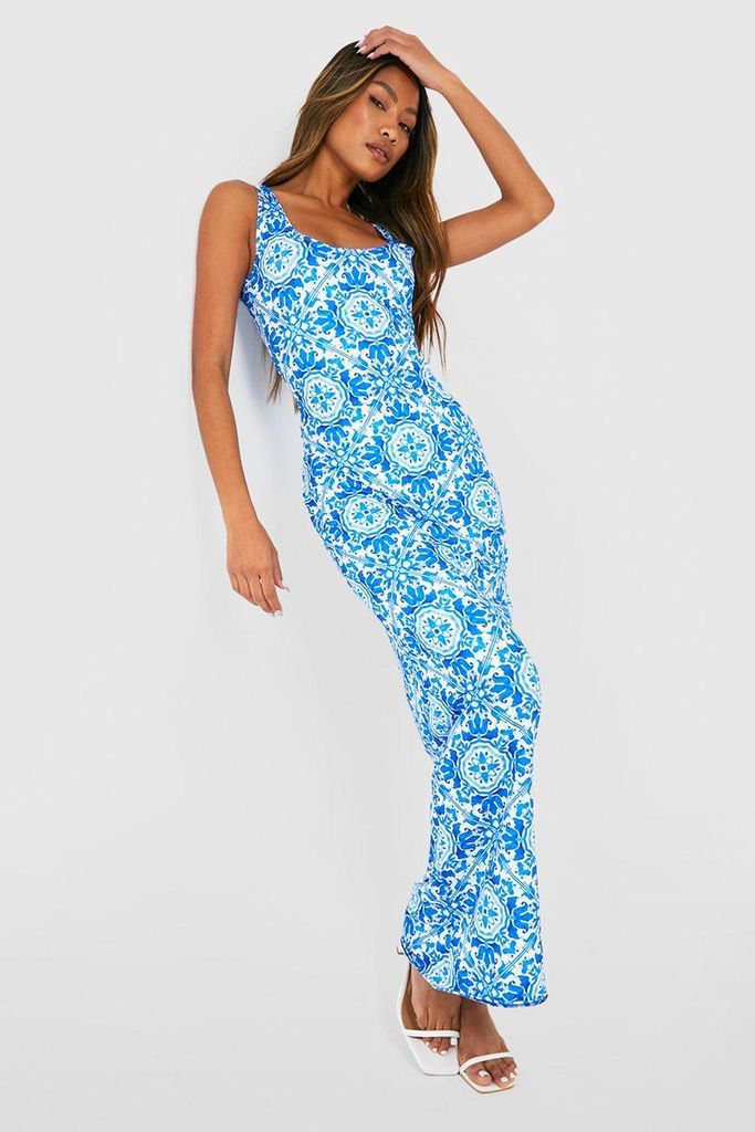 Womens Tile Print Maxi Dress - Blue - 8, Blue