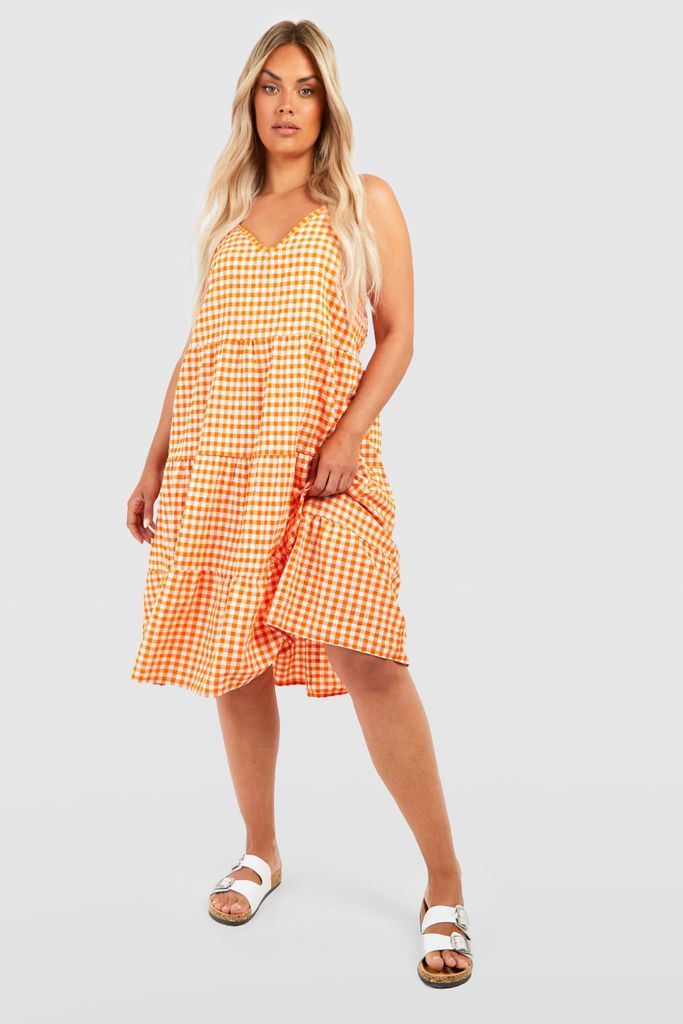 Womens Plus Textured Gingham Tiered Smock Dress - Orange - 22, Orange