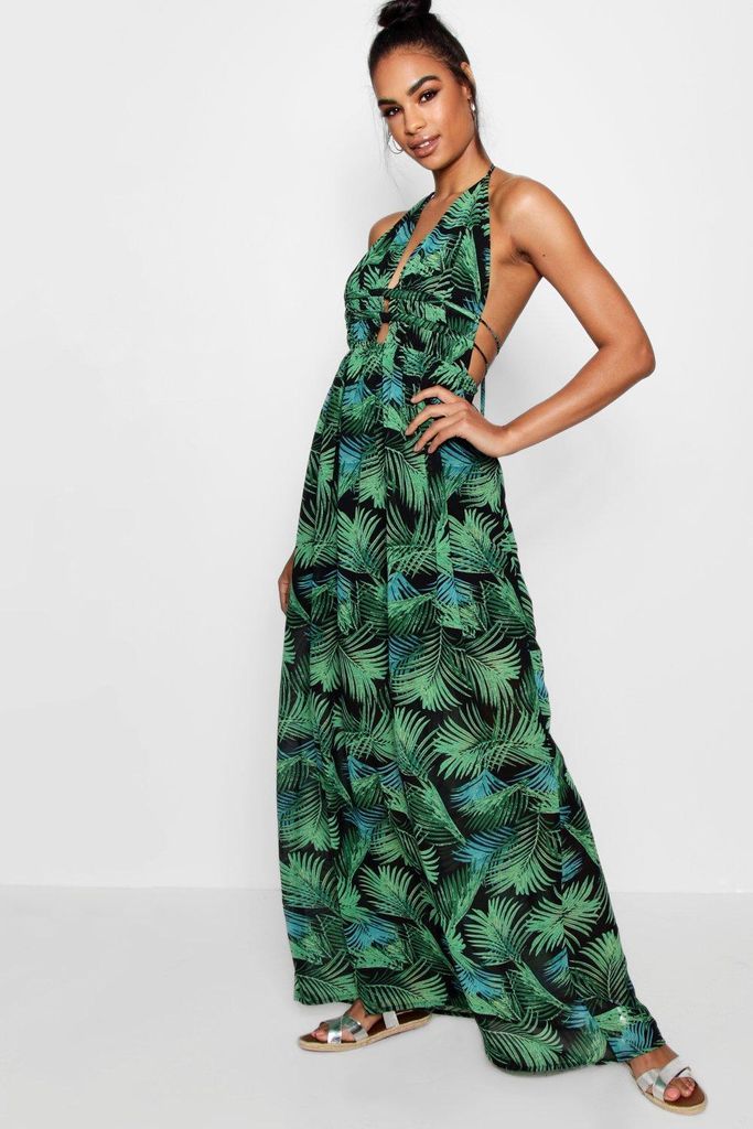 Womens Tall Plunge Front Palm Print Maxi Dress - Green - 14, Green