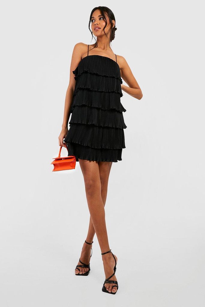 Womens Plisse Tiered Mini Dress - Black - 10, Black