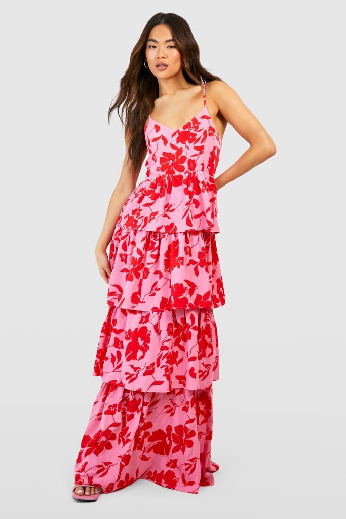 Womens Floral Print Tiered Maxi Dress - Pink - 8, Pink