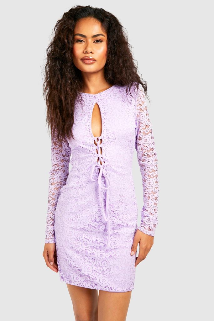Womens Lace Corset Lace Up Long Sleeve Mini Dress - Purple - 8, Purple