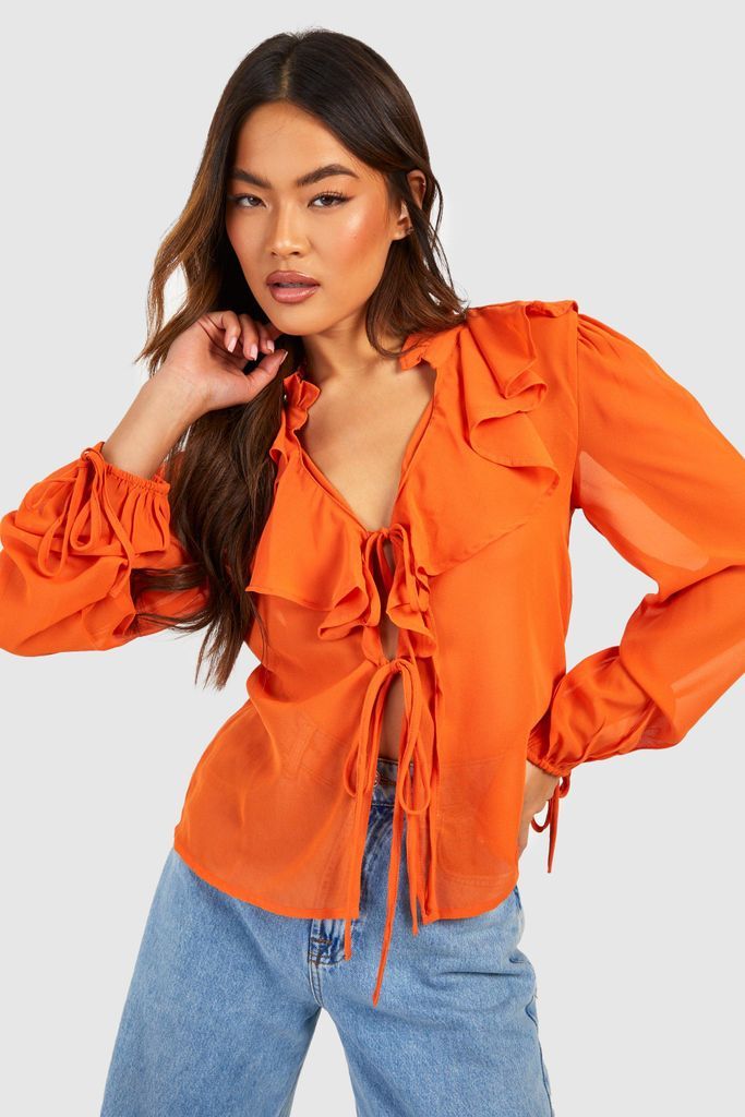 Womens Ruffle Front Tie Detail Blouse - Orange - 8, Orange