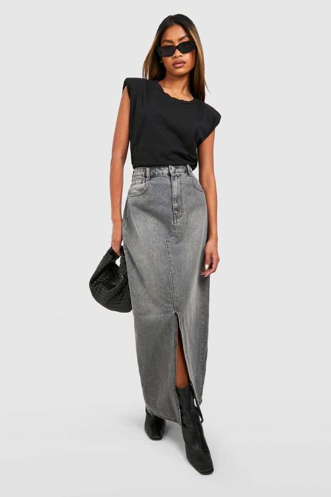 Womens Split Front Denim Maxi Skirt - Grey - 6, Grey