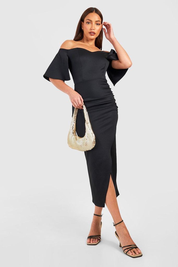 Womens Tall Bardot Ruched Side Asymmetric Midaxi Dress - Black - 6, Black
