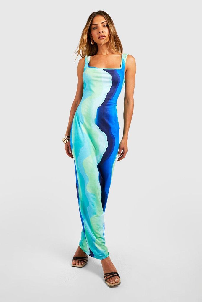 Womens Abstract Square Neck Maxi Dress - Blue - 8, Blue