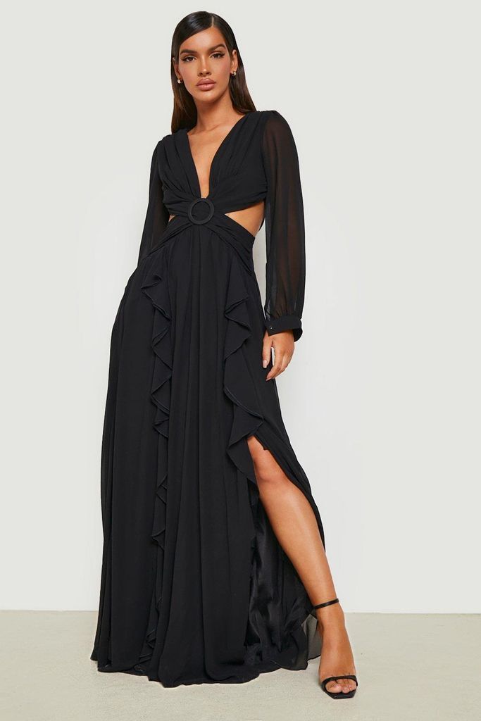 Womens Chiffon Ruffle Plunge Maxi Dress - Black - 8, Black