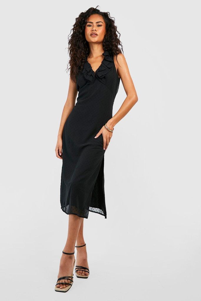 Womens Dobby Frill Detail Midi Dress - Black - 8, Black