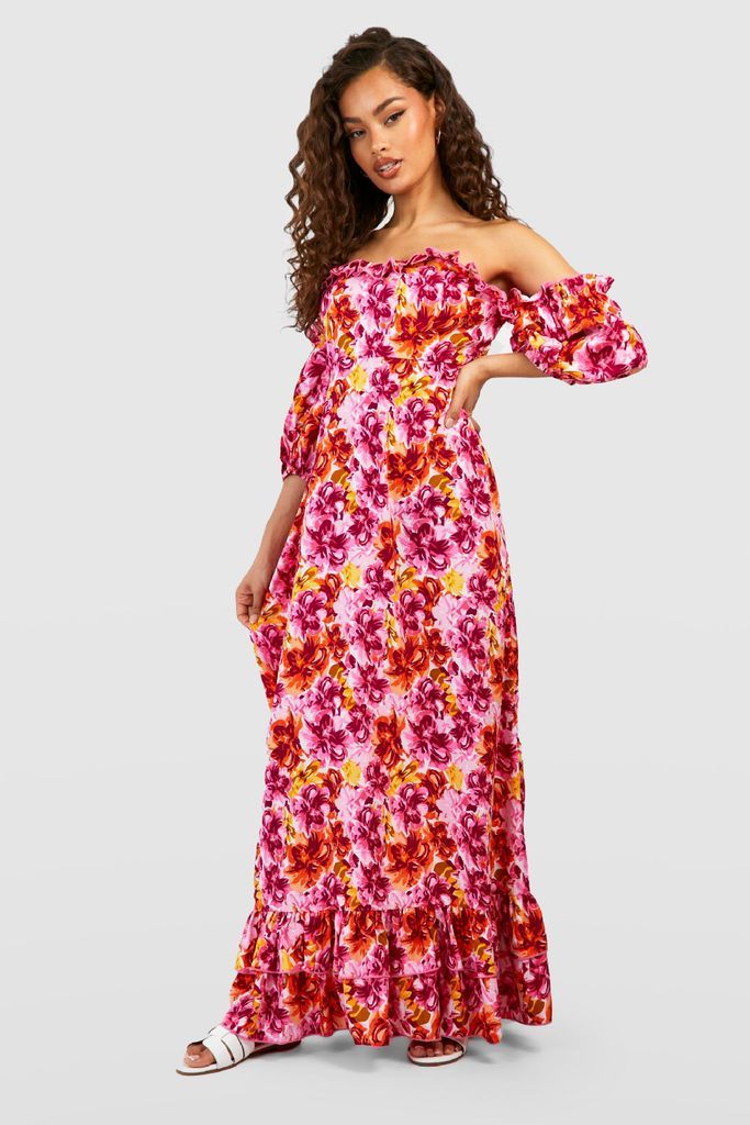 Womens Floral Bardot Ruffle Maxi Dress - Pink - 8, Pink