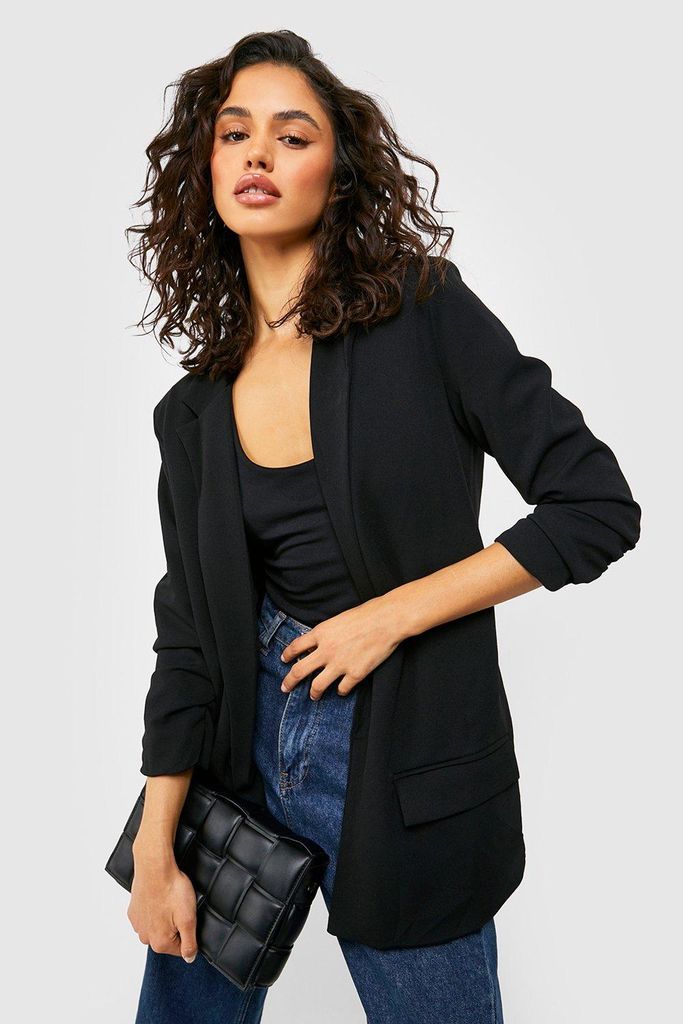 Womens Ruched Sleeve Jersey Tailored Blazer - Black - 10, Black