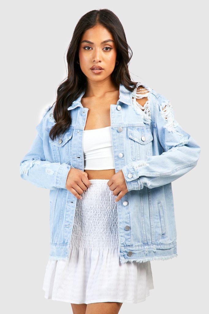 Womens Petite Bleach Wash Distressed Oversized Denim Jacket - Blue - 2, Blue