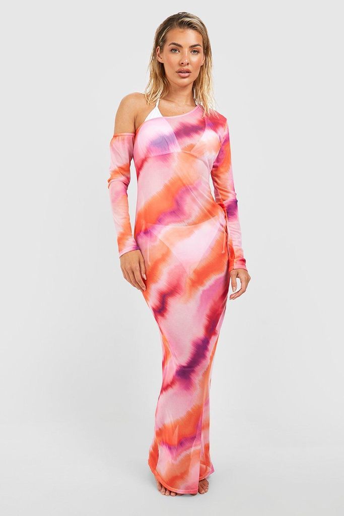 Womens Tie Dye Mesh One Shoulder Beach Maxi Dress - Pink - S, Pink