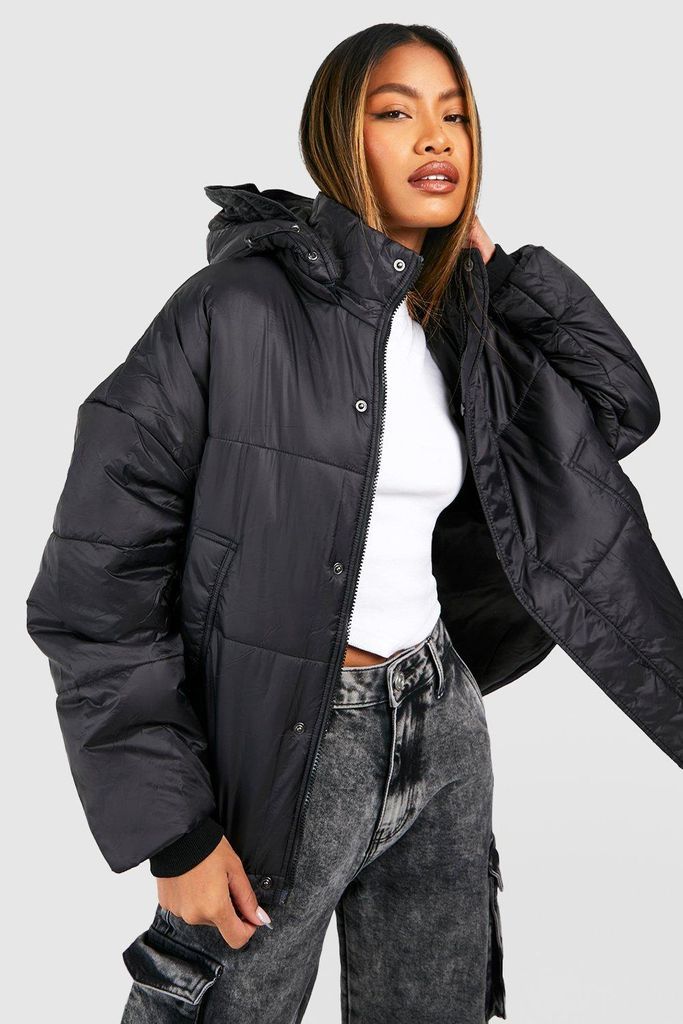 Womens Oversized Hooded Puffer Jacket - Black - 8, Black