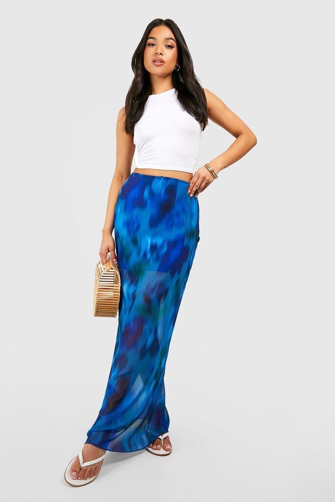 Womens Petite Blurred Floral Sheer Maxi Skirt - Blue - 16, Blue
