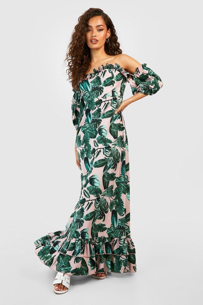 Womens Palm Print Bardot Ruffle Maxi Dress - Green - 8, Green