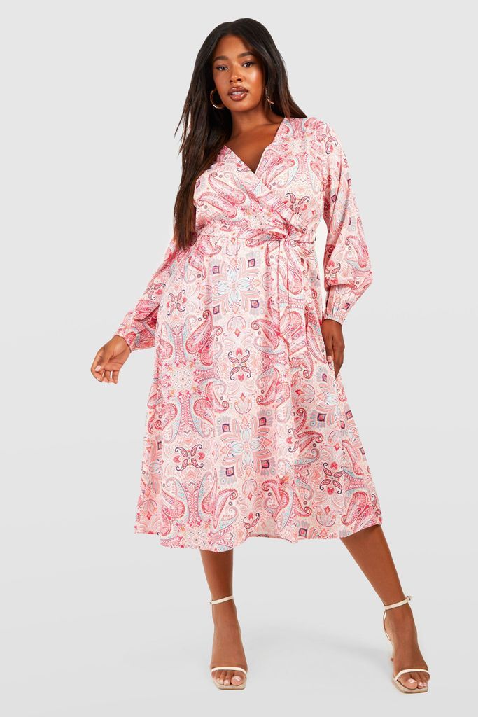 Womens Plus Paisley Woven Midi Dress - Pink - 16, Pink