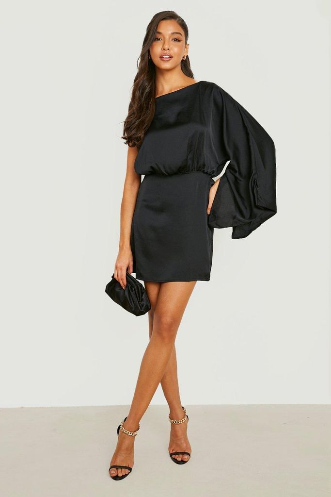 Womens Satin Asymmetric Cape Sleeve Mini Dress - Black - 8, Black