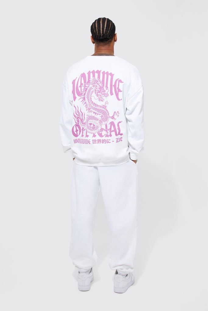 Men's Oversized Homme Dragon Sweatshirt Tracksuit - White - M, White