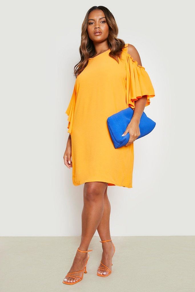 Womens Plus Textured Woven Cold Shoulder Shift Dress - Orange - 18, Orange