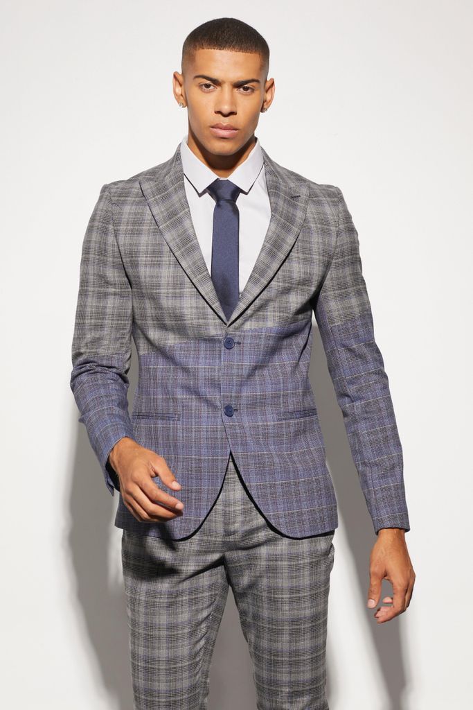 Men's Skinny Diagonal Spliced Check Suit Jacket - Grey - 38, Grey