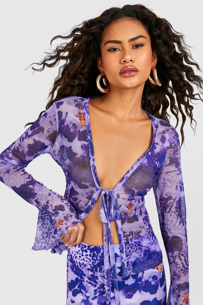 Womens Floral Mesh Frill Tie Front Blouse - Purple - 8, Purple