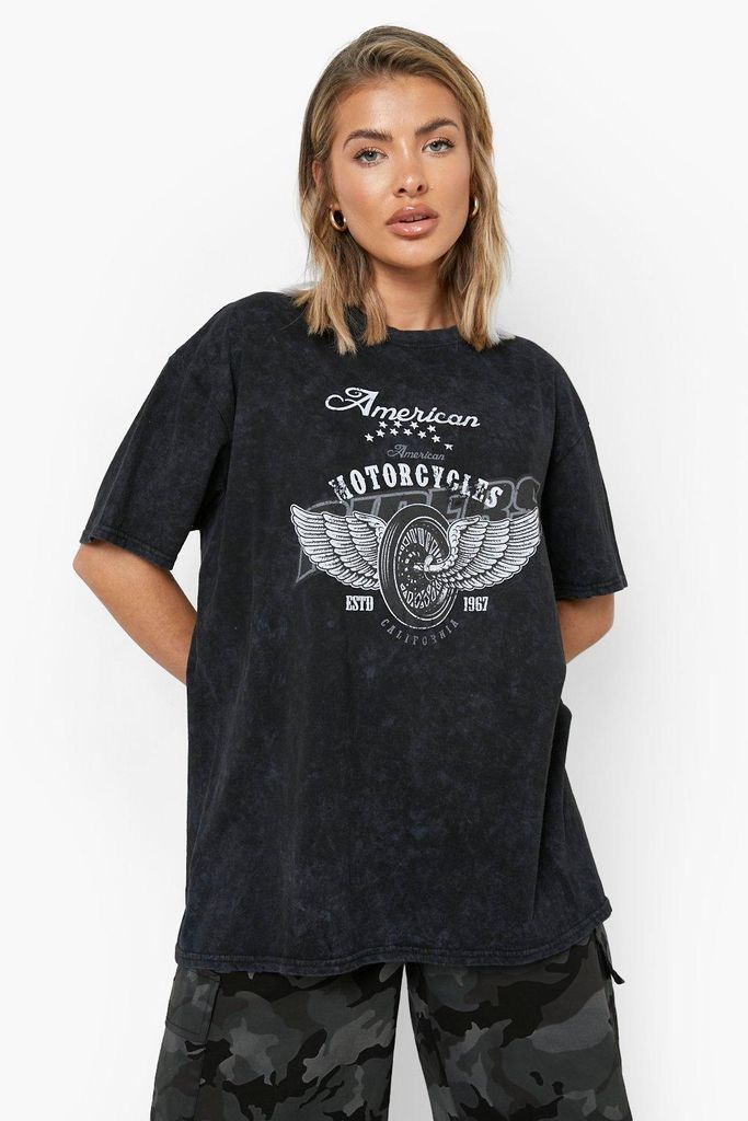 Womens Motorcycle Washed Oversized T Shirt - Grey - L, Grey