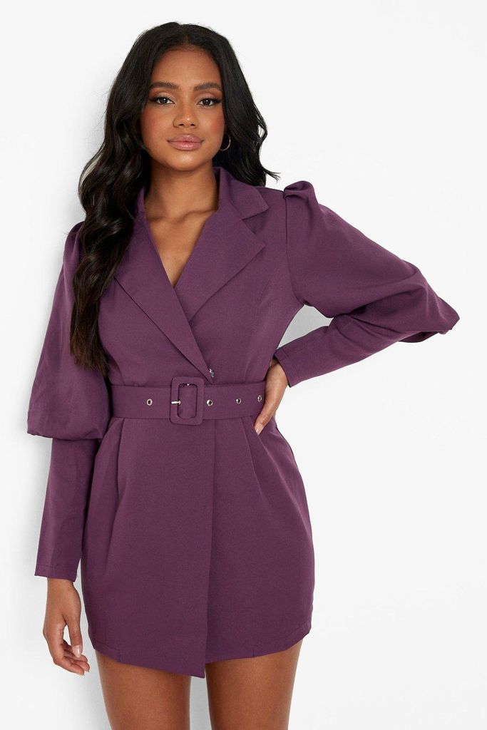 Womens Petite Woven Puff Sleeve Blazer Dress - Purple - 4, Purple