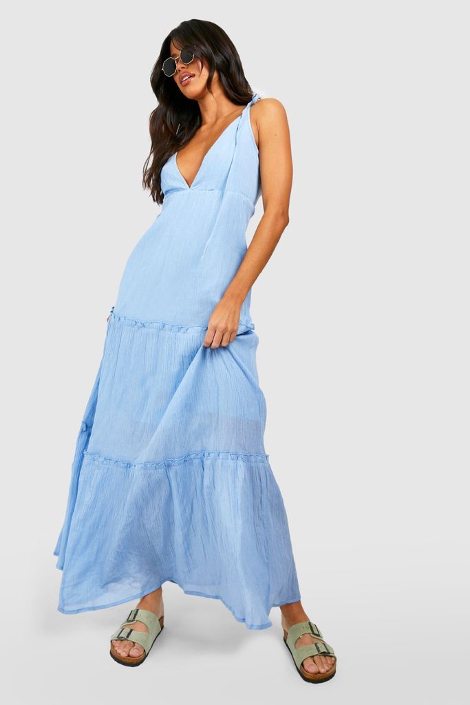 Womens Tall Cheesecloth Tiered Plunge Strappy Maxi Dress - Blue - 12, Blue