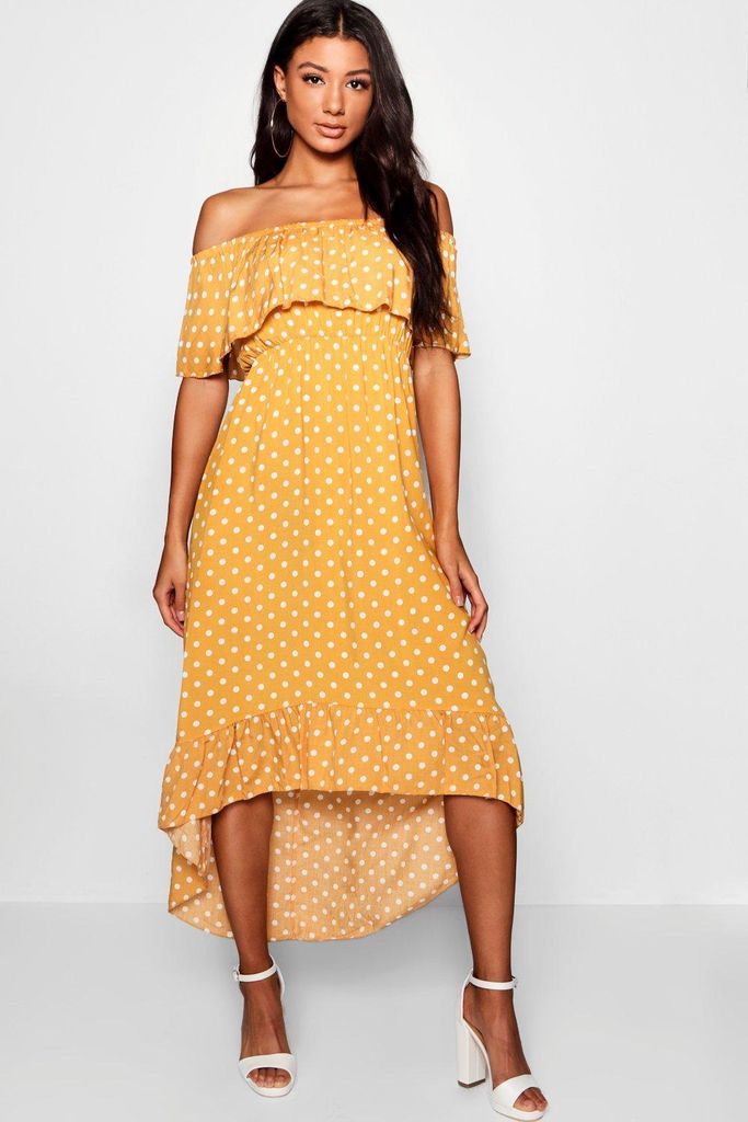 Womens Woven Polka Dot Print Bardot Maxi Dress - Yellow - 8, Yellow