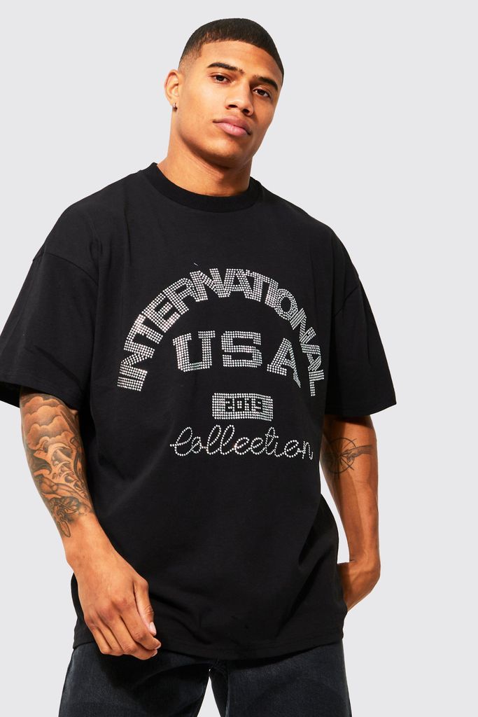 Men's Oversized Usa Rhinestone T-Shirt - Black - M, Black