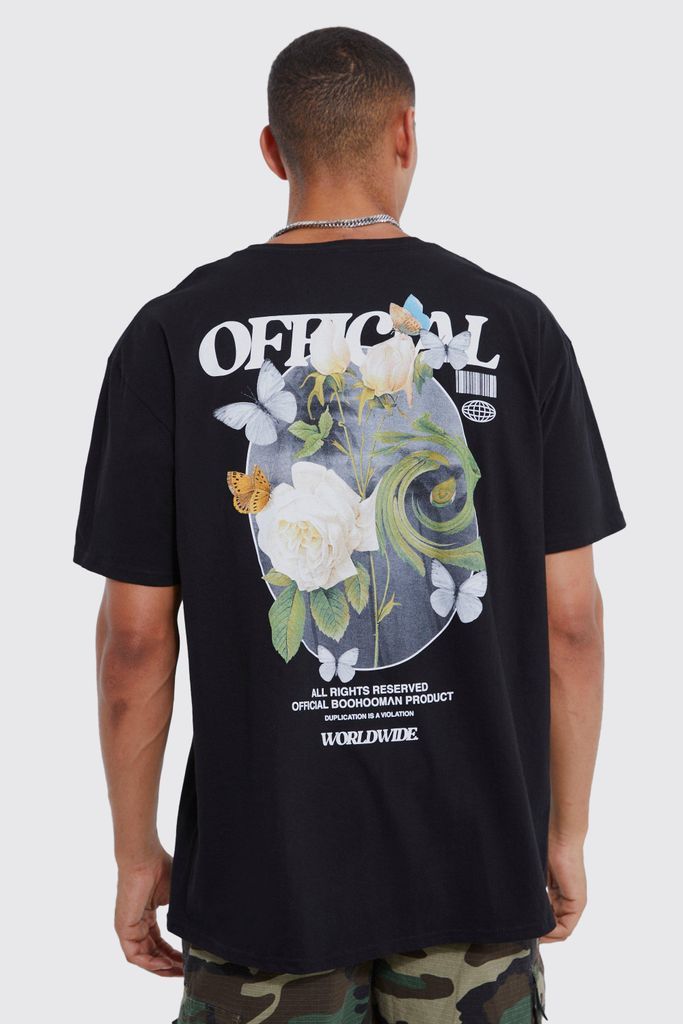 Men's Oversized Official Floral Butterfly T-Shirt - Black - S, Black