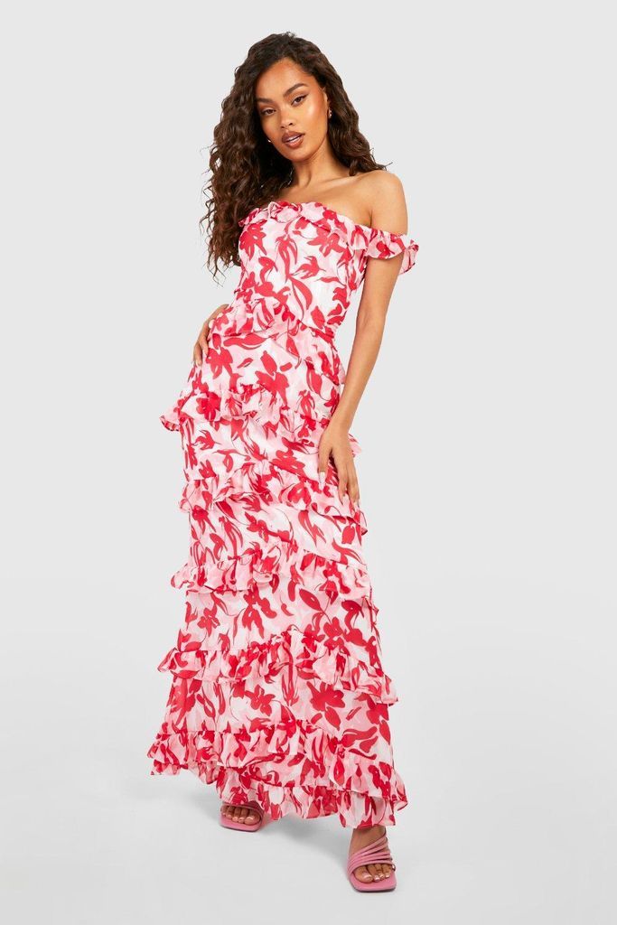 Womens Floral Off The Shoulder Ruffle Maxi Dress - Pink - 8, Pink