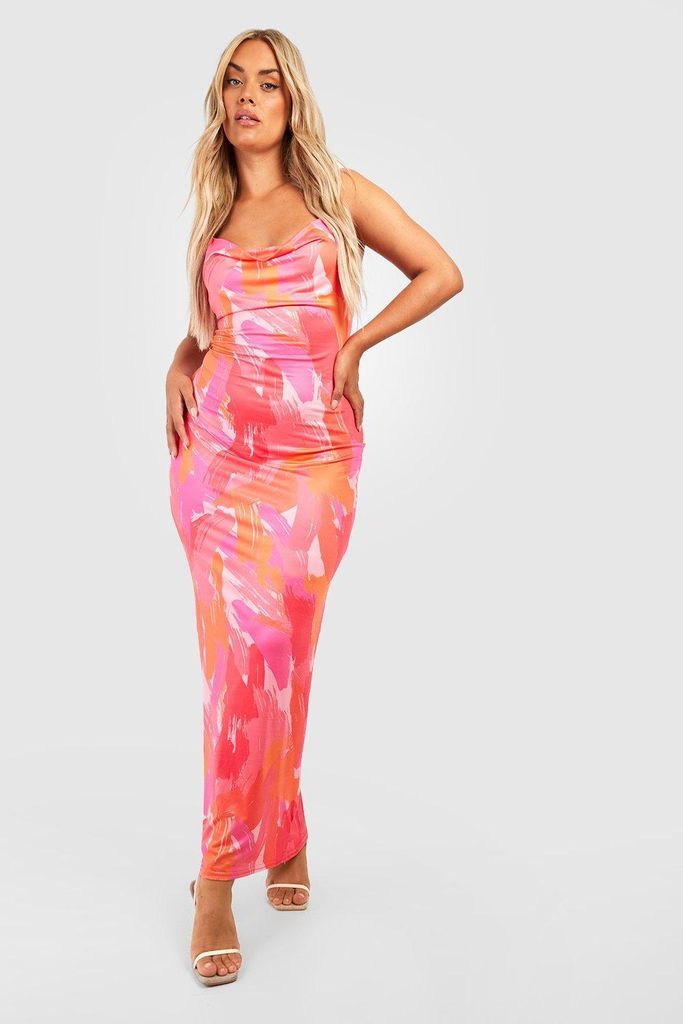 Womens Plus Large Abstract Slinky Maxi Dress - Pink - 16, Pink